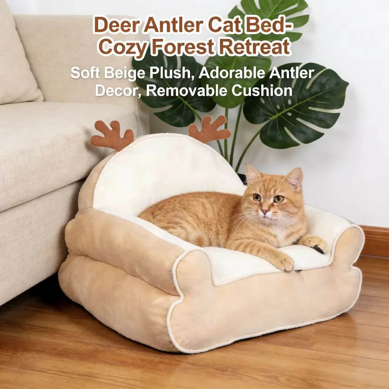 Soft Cushioned Pet Chair for Cats - Cat Ear Design, Plush, Grey/Beige Rest Sofa