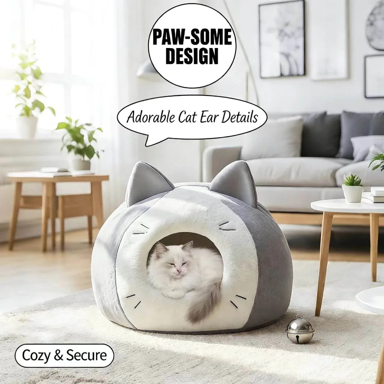 Warm Enclosed Pet Bed for Cats - Cat Face Shape, Soft Plush, Grey/White Rest Cave