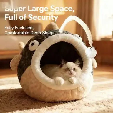 Plush Pet Cave Bed, Fish-Style, Brown/Gray, Secure, Comfortable Sleeping Bed for Cats