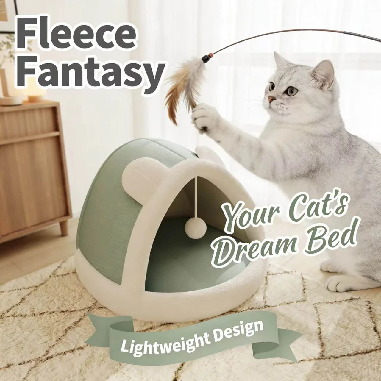 Warm Enclosed Cat Nest - Bear Shape, Soft Plush, Green/White, Hanging Toy for Play