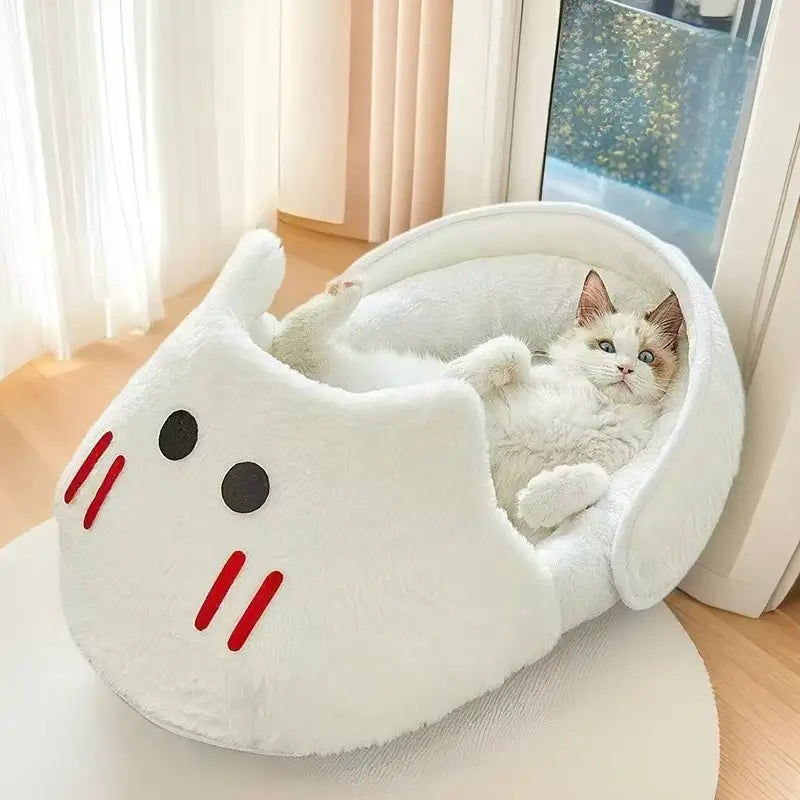 Ghost-Shaped Cat Bed: Cozy Rest, Plush Surface, Cute Design (White-Red)