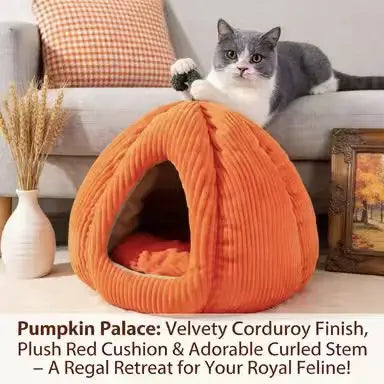 Pet Cave Bed, Pumpkin-Style, Orange Corduroy, 2 Sizes, Small-Medium Pet Bed