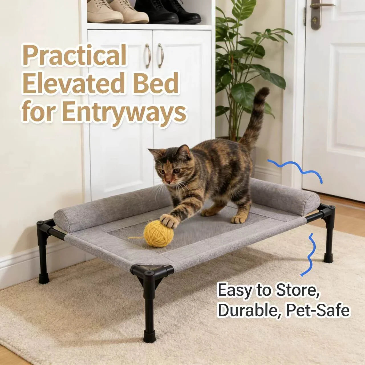 Breathable Pet Cot for Cats - Steel Legs, Mesh Linen, Blue Raised Rest Bed