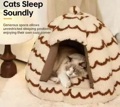 Pumpkin-Shaped Cat Bed: Cozy Hideaway, Plush Surface, Wave Pattern (Beige-Brown)
