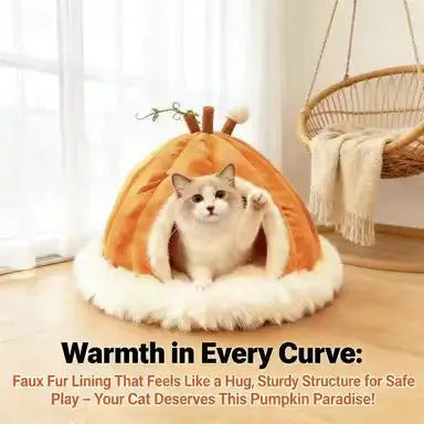 Cat Cave Bed, Pumpkin-Style, Orange Plush, Fall Aesthetic, Cozy Cat Sleeping Bed