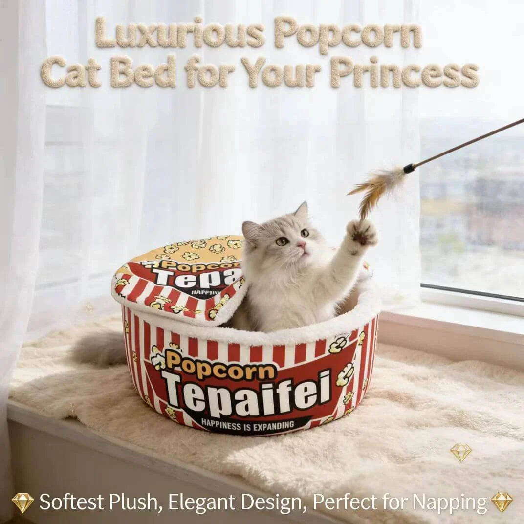 Warm Enclosed Pet Bed for Cats - Popcorn Design, Plush, Red Striped Rest Cave