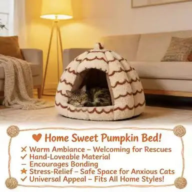 Pumpkin-Shaped Cat Bed: Cozy Hideaway, Plush Surface, Wave Pattern (Beige-Brown)