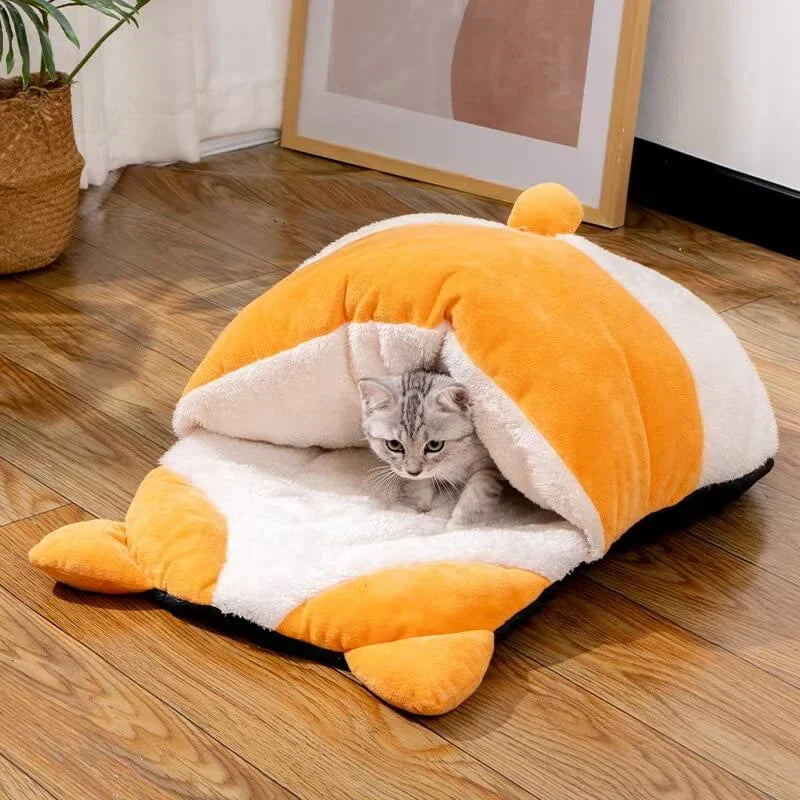 Warm Pet Cave for Cats - Corgi Butt Design, Plush, Orange/White Rest Cushion