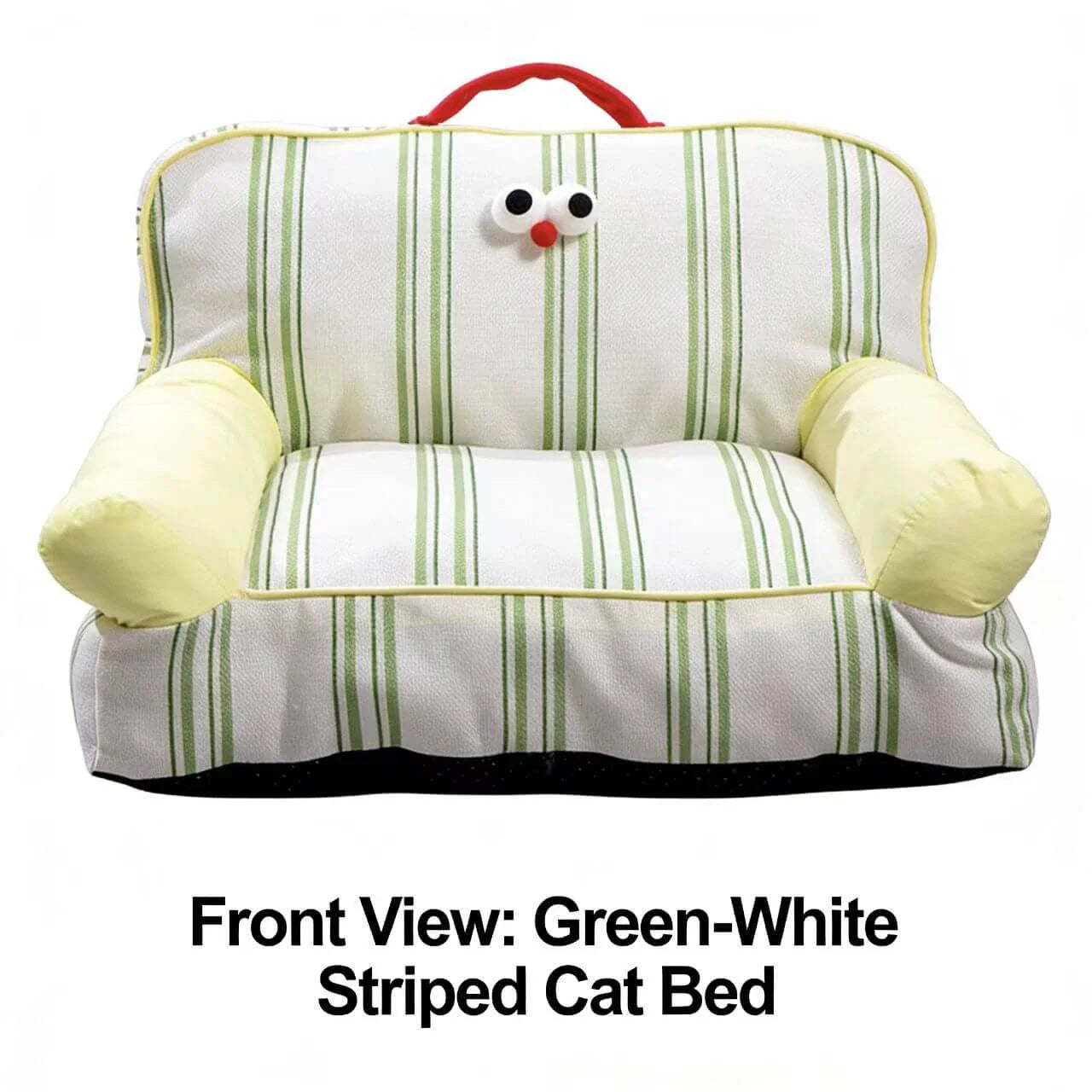 Soft Cushioned Pet Chair for Cats - Striped Linen, Cartoon Eyes, White/Green Rest Sofa