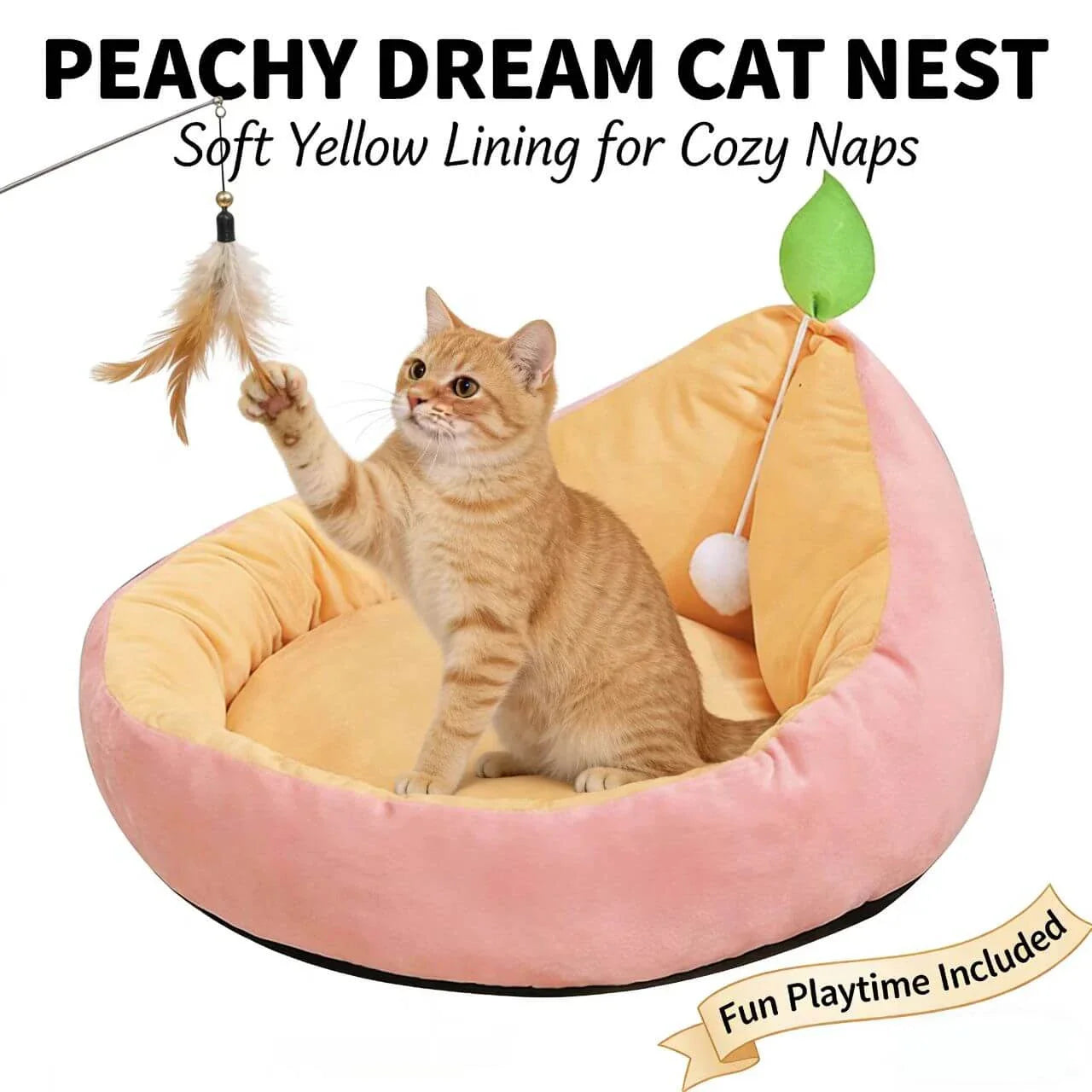 Soft Pet Nest for Cats - Peach Design, Plush, Hanging Toy, Pink & Yellow Rest Bed