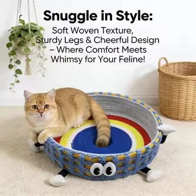 Cartoon Durable Cat Bed: Cotton Rope-Woven, Scratch-Resistant Rainbow Design for Cats