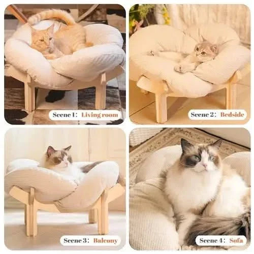 Elevated Wooden Cat Bed Sofa with Plush Cushion for Indoor Comfort