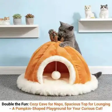 Cat Cave Bed, Pumpkin-Style, Orange Plush, Fall Aesthetic, Cozy Cat Sleeping Bed