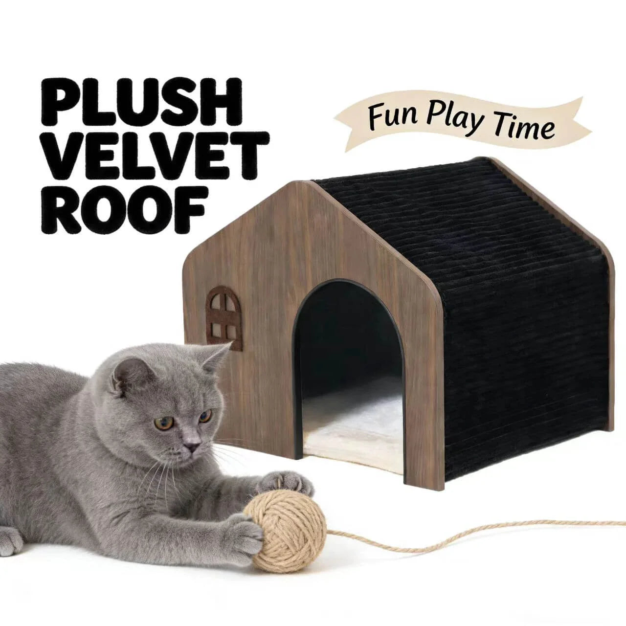 Sturdy Pet House for Cats - Cottage Design, Wood + Corduroy, Brown/Black Rest Space