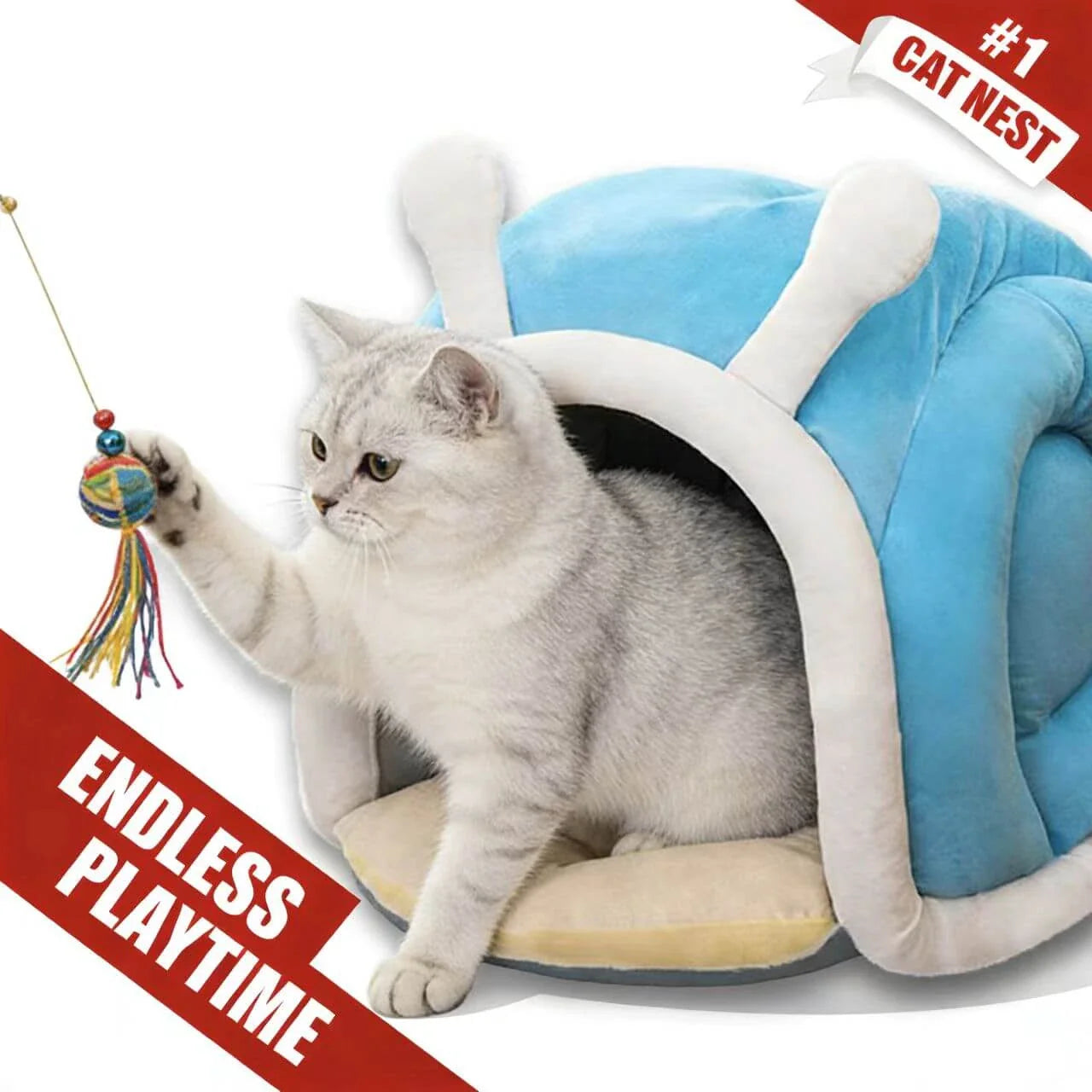 Warm Enclosed Cat Bed - Snail Design, Soft Plush, Blue Cave-Style Rest Nest