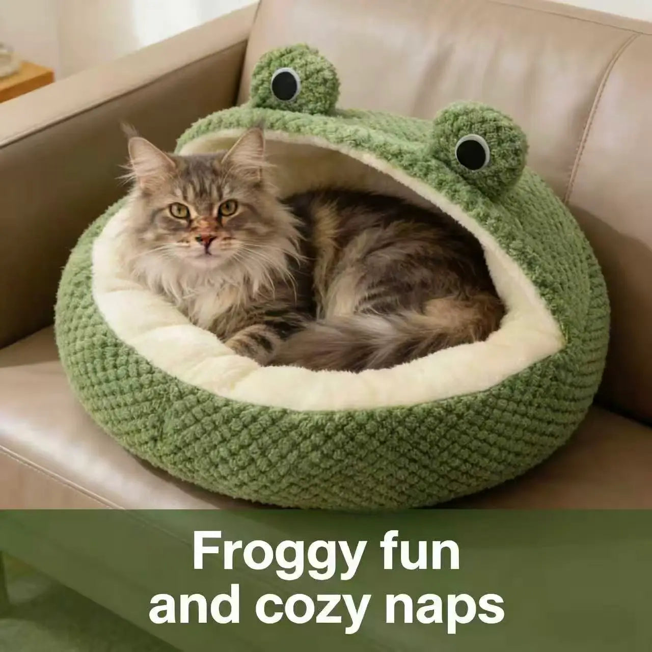Warm Cuddler Pet Bed: Frog Design, Plush Lined (Green-White, Winter)