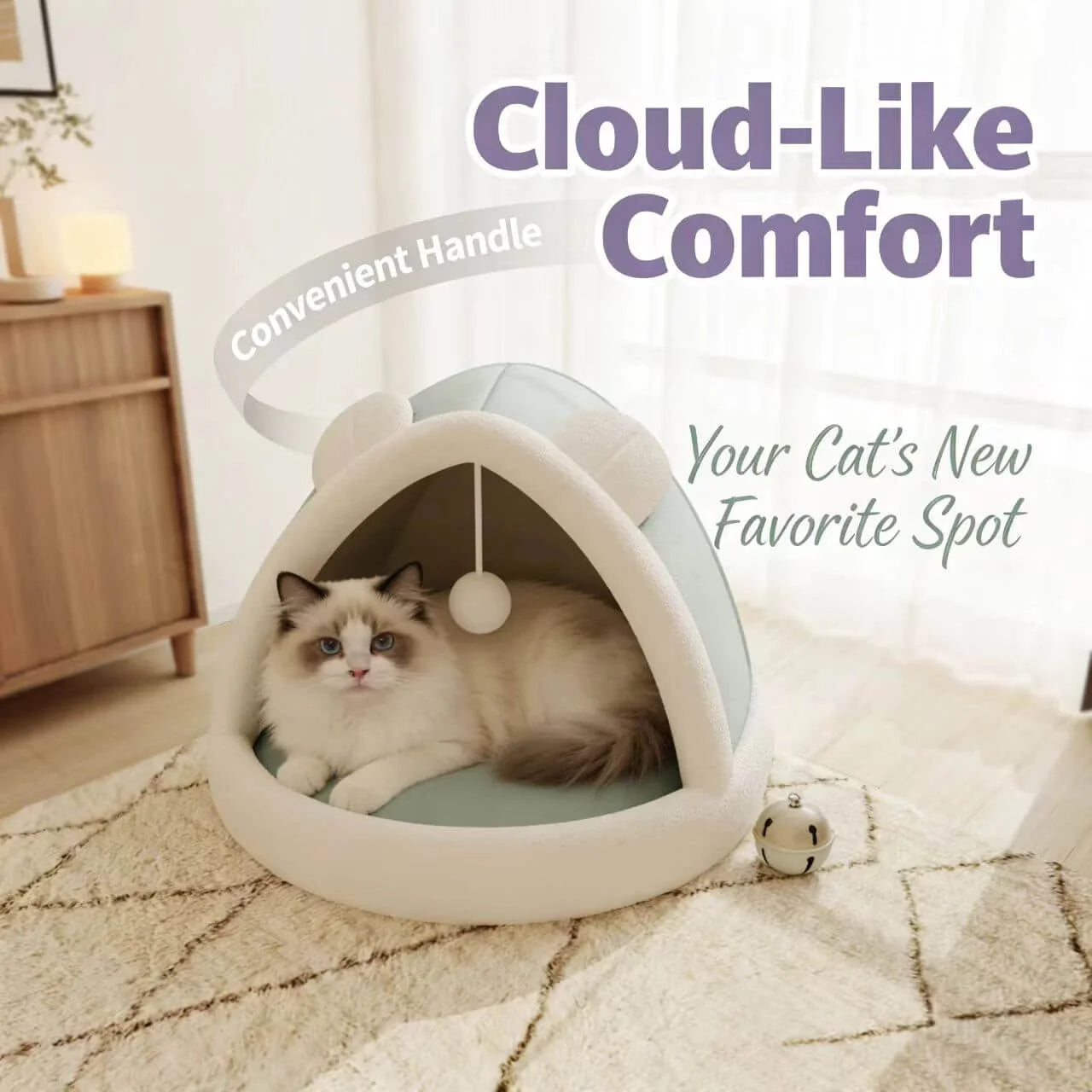 Warm Enclosed Cat Nest - Bear Shape, Soft Plush, Green/White, Hanging Toy for Play