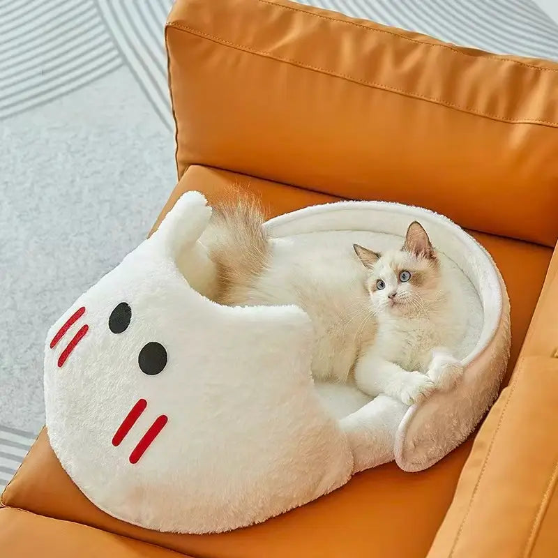 Ghost-Shaped Cat Bed: Cozy Rest, Plush Surface, Cute Design (White-Red)