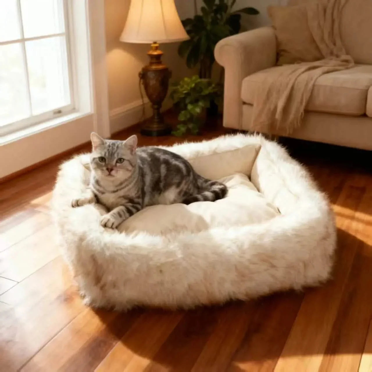 Cozy Warm Cat Bed: Gray Faux Fur Trim, Plush Lining for Cats (All-Season)