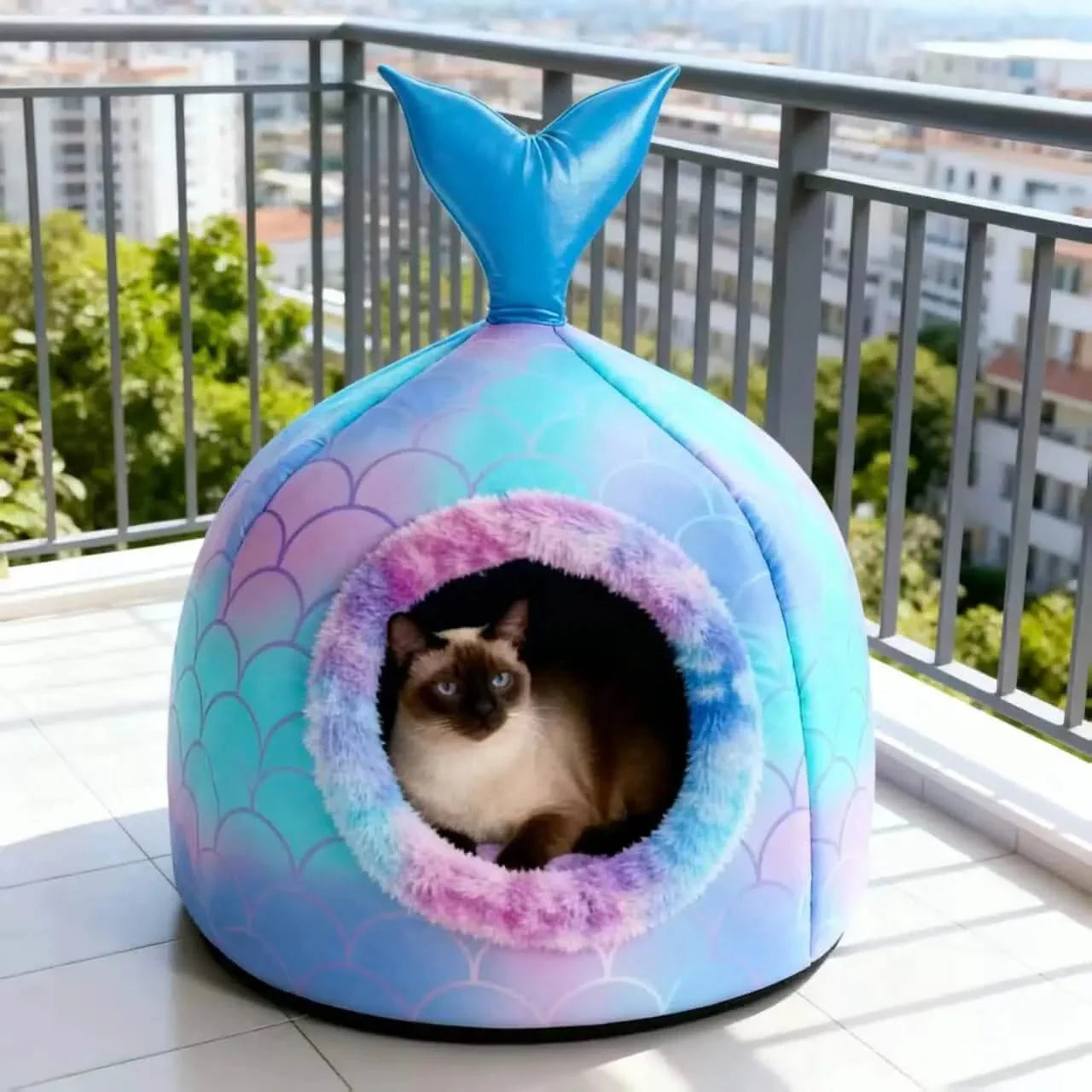 Comfortable Cat Nest: Fishtail Design, Blue-Pink Gradient, Plush Lining for Cats