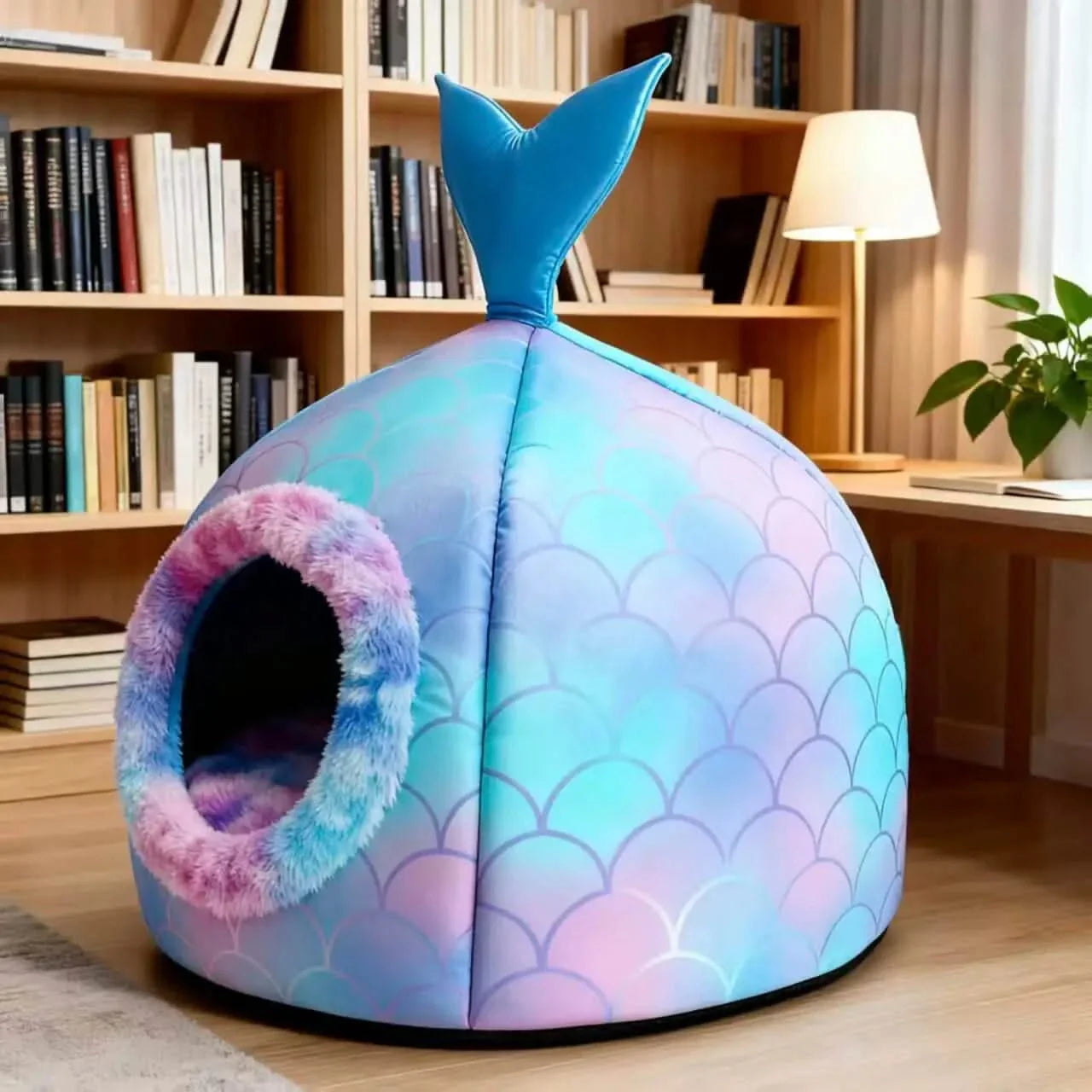 Comfortable Cat Nest: Fishtail Design, Blue-Pink Gradient, Plush Lining for Cats