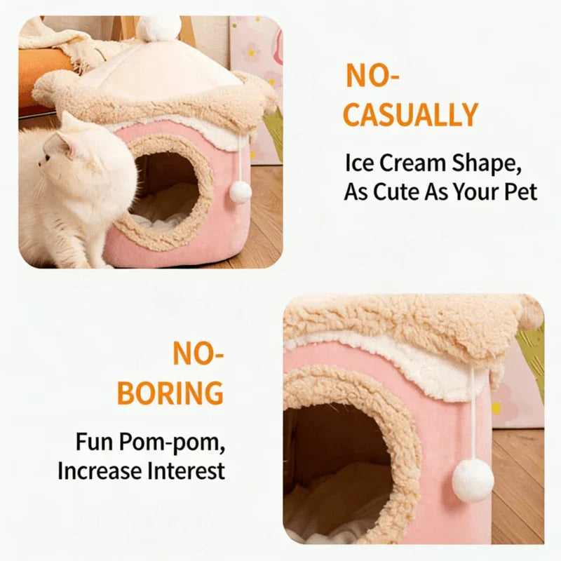 Comfortable Durable Cat Nest: Pink-Beige Plush, 2 Sizes, Built-in Ball Toy for Cats