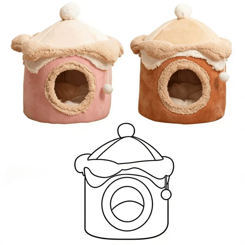 Comfortable Durable Cat Nest: Pink-Beige Plush, 2 Sizes, Built-in Ball Toy for Cats