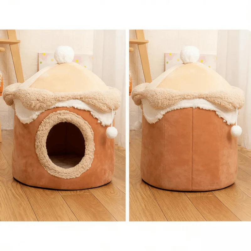 Comfortable Durable Cat Nest: Pink-Beige Plush, 2 Sizes, Built-in Ball Toy for Cats