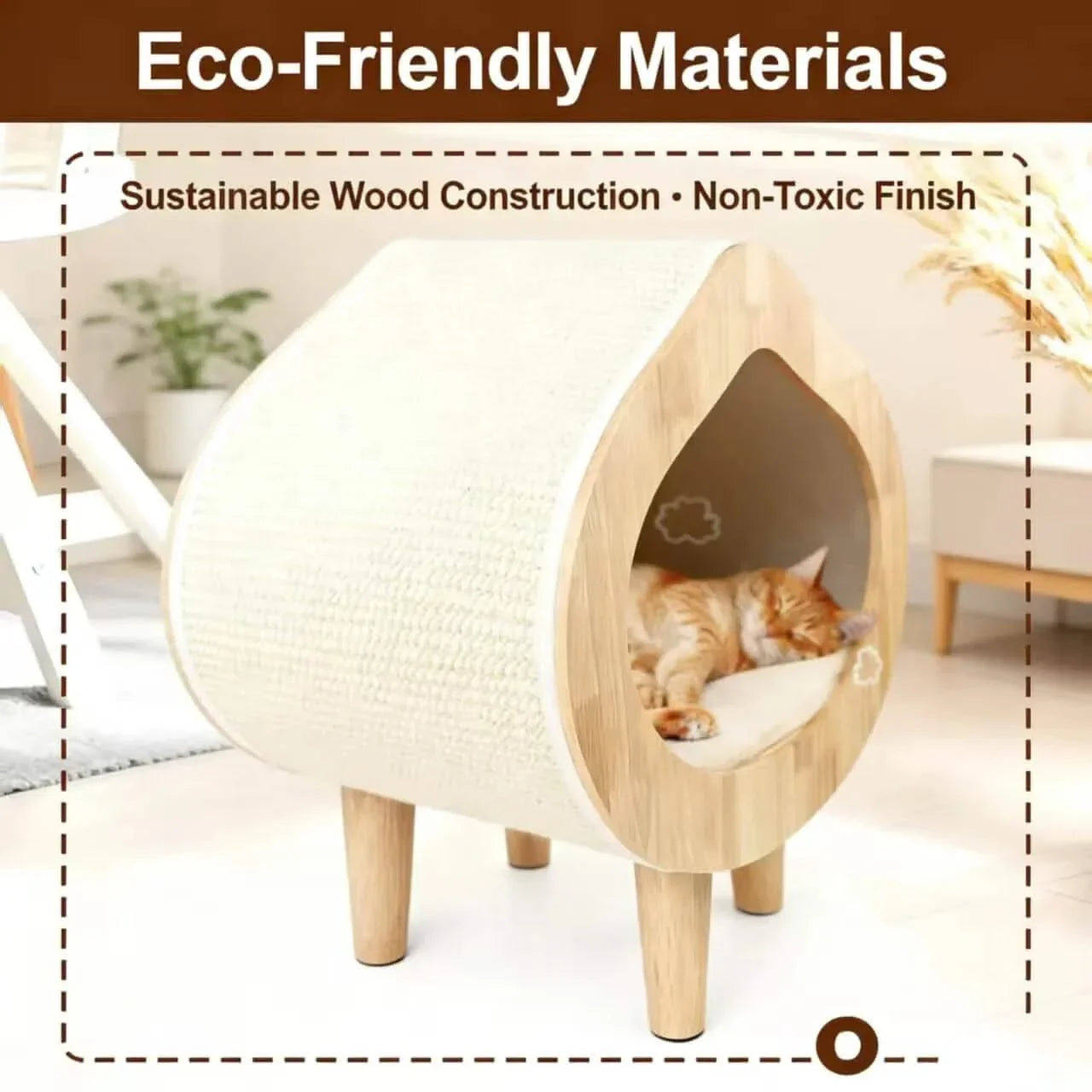 Modern Solid Wood Cat House with Scratching Wall, Cozy Cave Hideout for Indoor Cats A