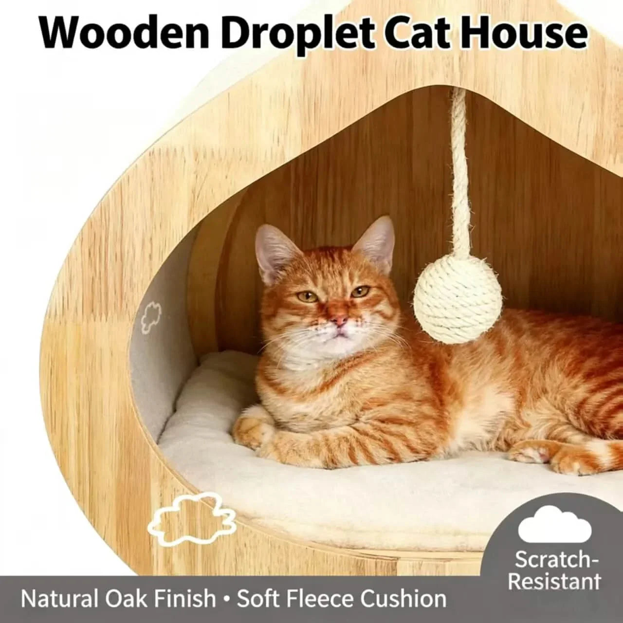Modern Solid Wood Cat House with Scratching Wall, Cozy Cave Hideout for Indoor Cats-