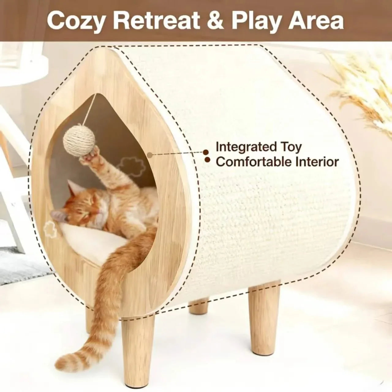 Modern Solid Wood Cat House with Scratching Wall, Cozy Cave Hideout for Indoor Cats A
