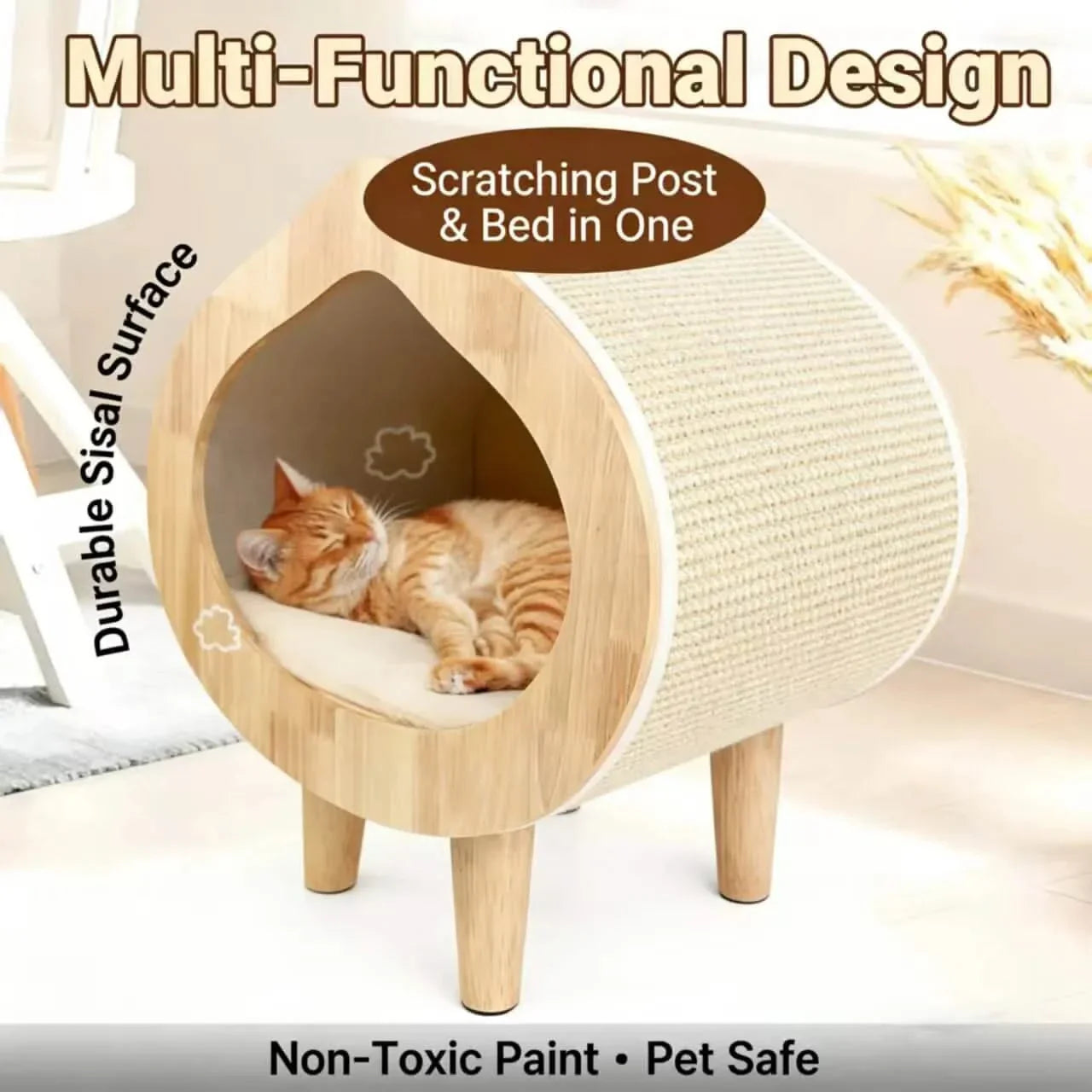 Modern Solid Wood Cat House with Scratching Wall, Cozy Cave Hideout for Indoor Cats A