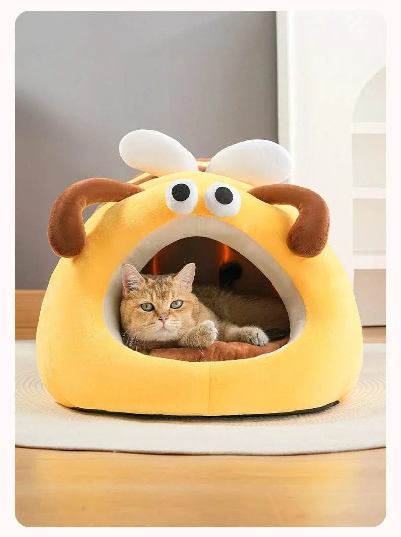 Cat Bed, Bee Shape, Soft Plush, Yellow/Brown, Fluffy Accents, Playful Nest