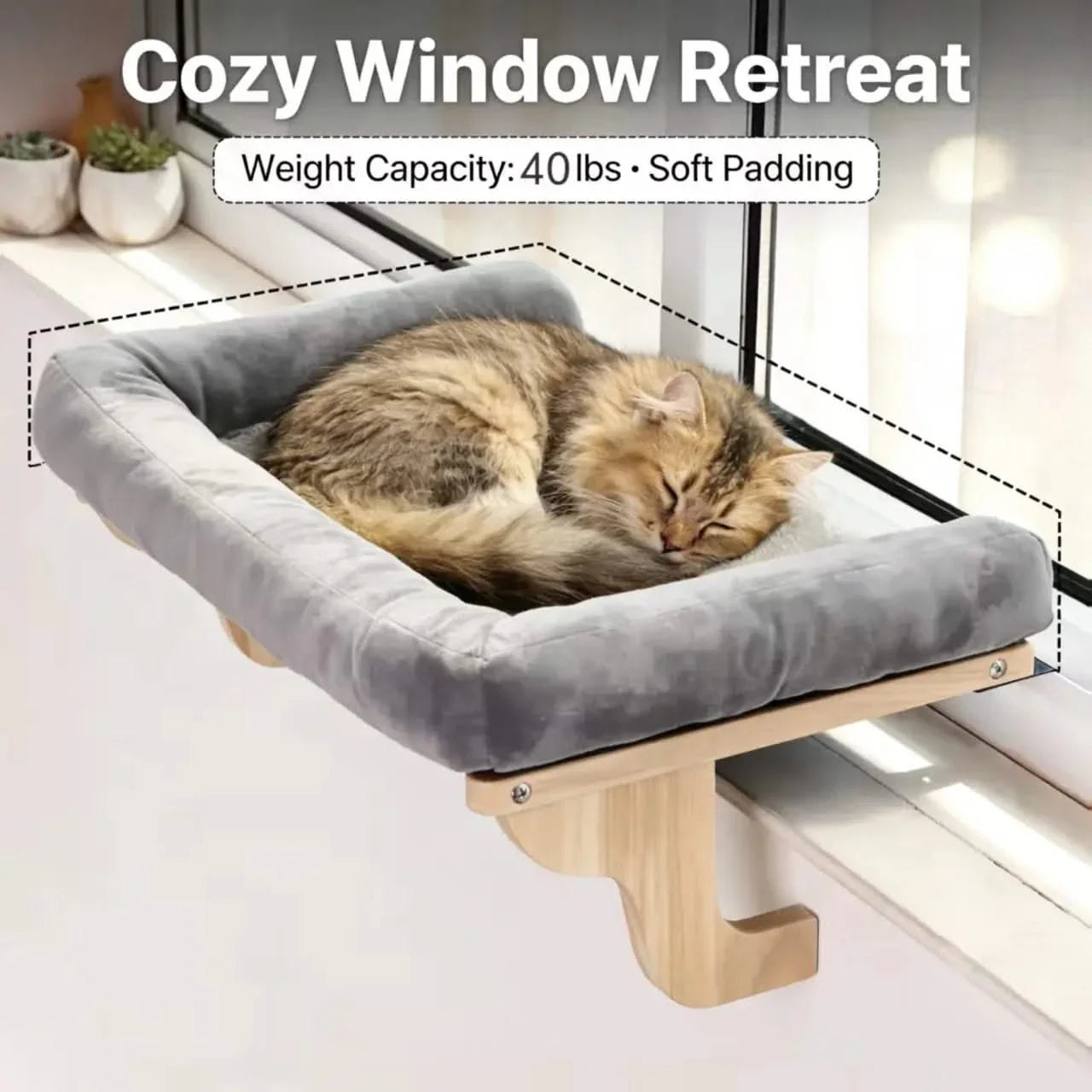 Orthopedic Cat Window Perch with Bolster, Sturdy Hardwood Frame, Large Pet Hammock