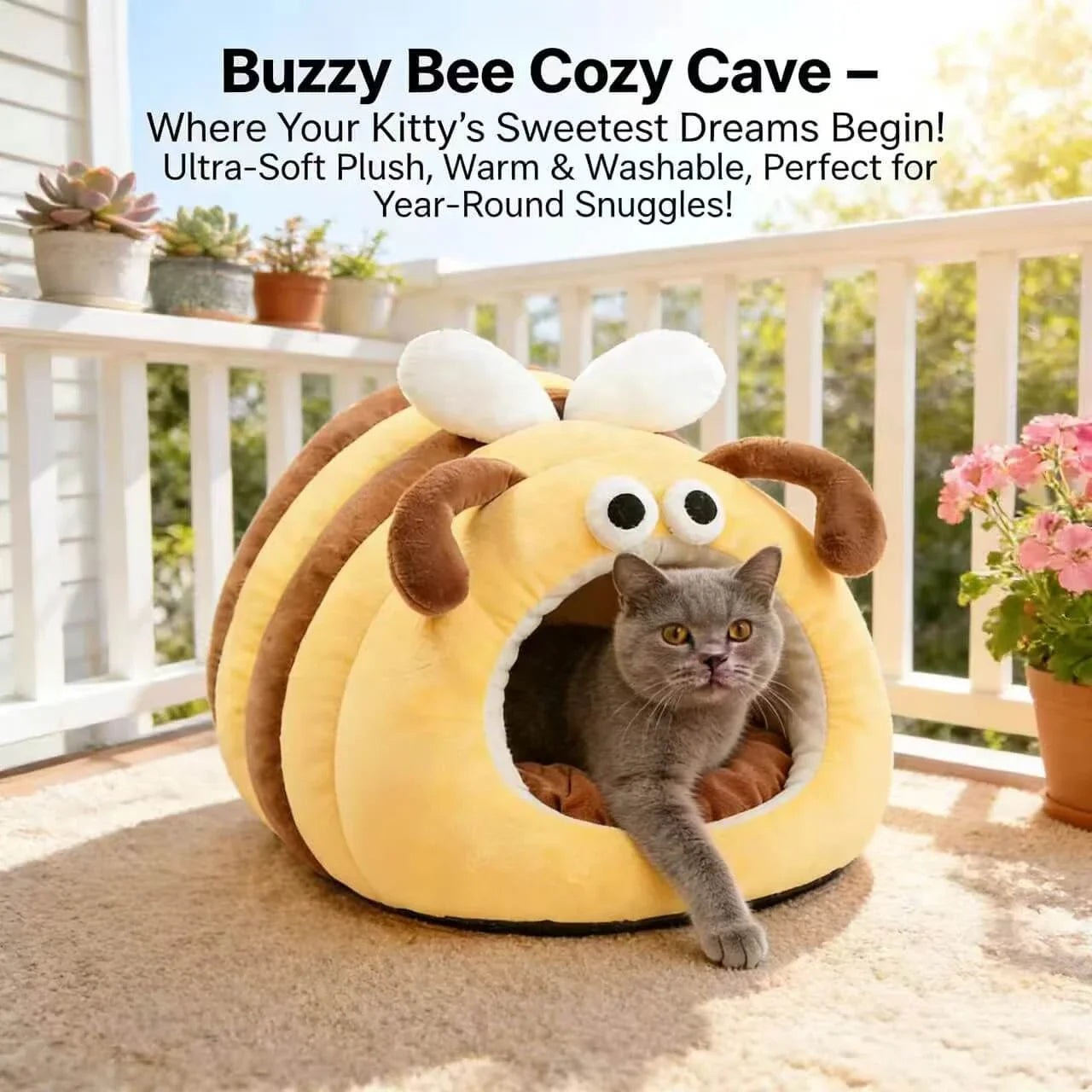 Cat Bed, Bee Shape, Soft Plush, Yellow/Brown, Fluffy Accents, Playful Nest