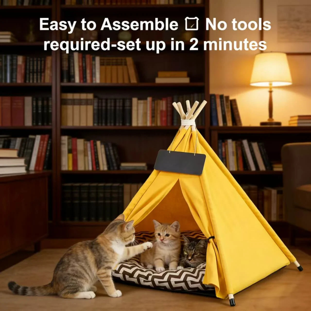 Cat Teepee Tent Bed, Yellow, Chalkboard Tag, Cushioned, Cat Sleeping Bed