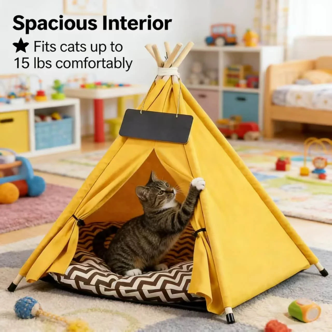 Cat Teepee Tent Bed, Yellow, Chalkboard Tag, Cushioned, Cat Sleeping Bed