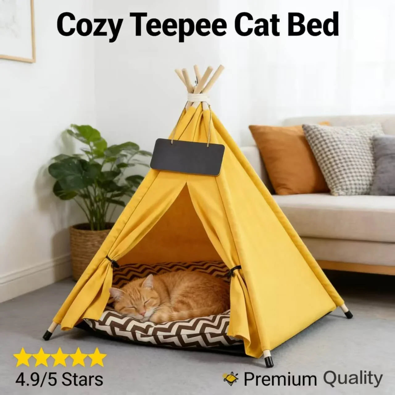 Cat Teepee Tent Bed, Yellow, Chalkboard Tag, Cushioned, Cat Sleeping Bed