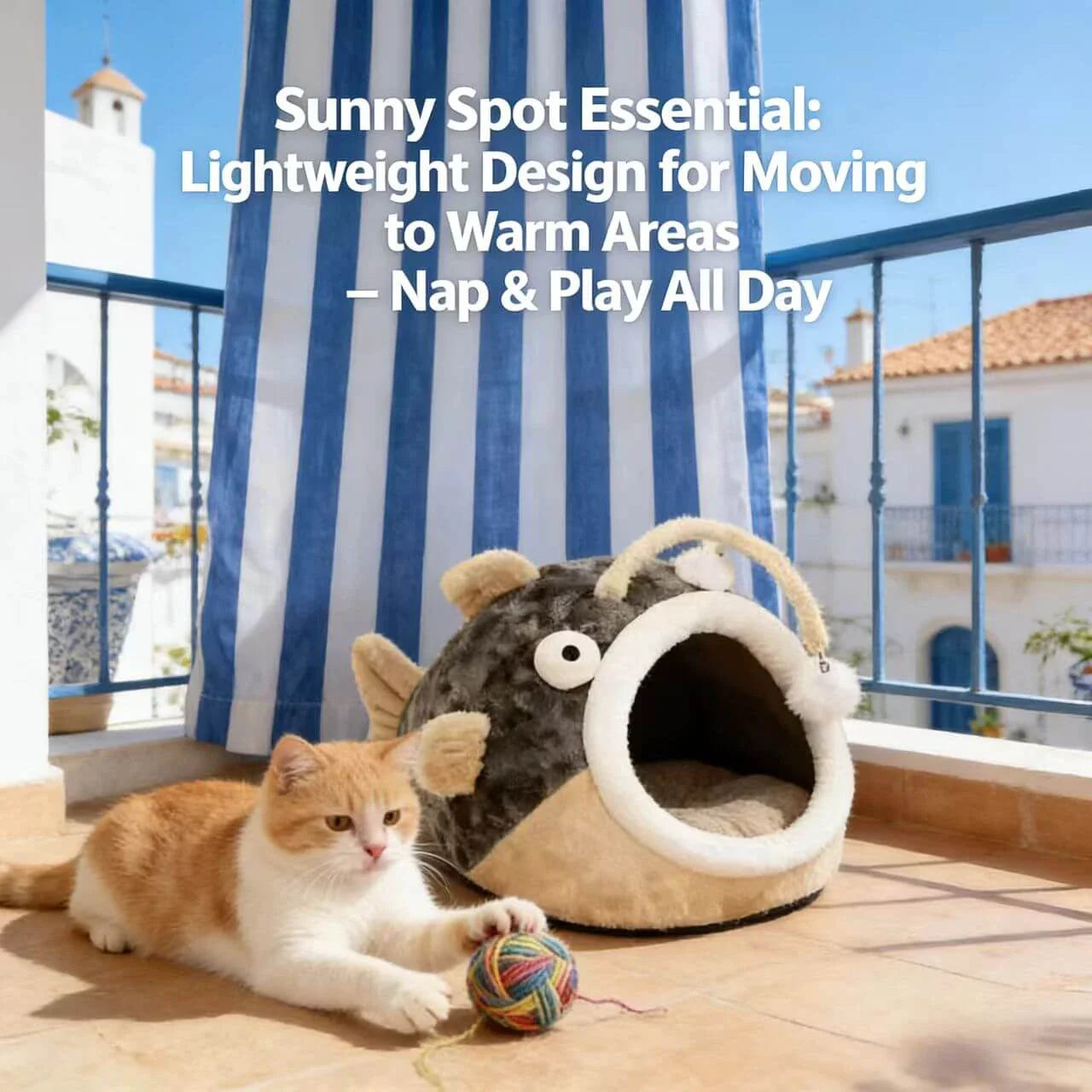 Plush Pet Cave Bed, Fish-Style, Brown/Gray, Secure, Comfortable Sleeping Bed for Cats