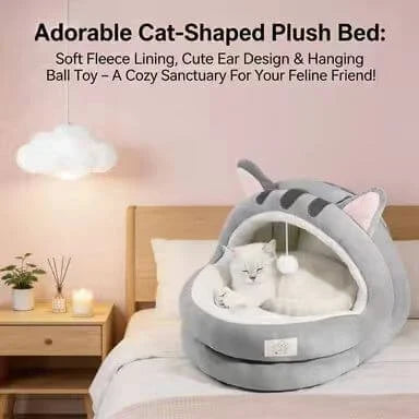 Interactive Cat-Ear Cat Bed: Plush, Built-in Ball Toy, Gray Hideaway for Cats