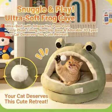 Interactive Cat-Ear Cat Bed: Plush, Built-in Ball Toy, Gray Hideaway for Cats