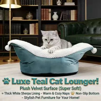 Warm Plush Cat Bed, Teal/White, Premium Cotton Filling, Cold-Weather Cat Rest Spot