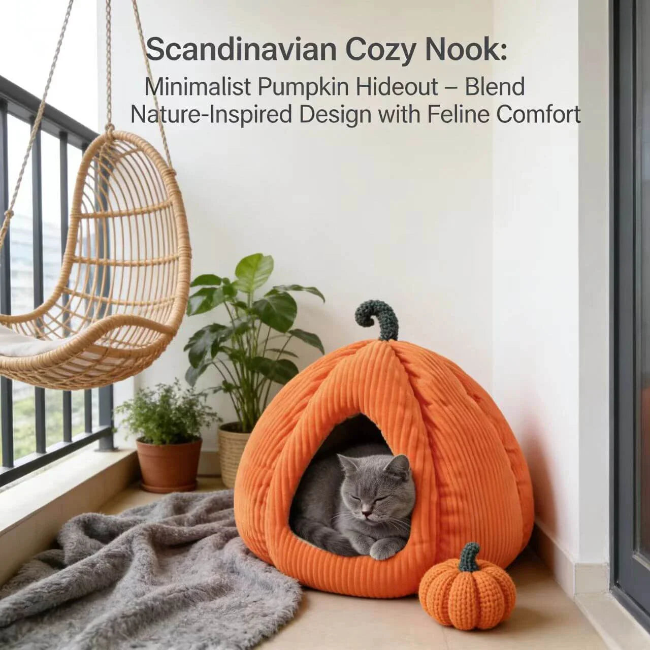 Pet Cave Bed, Pumpkin-Style, Orange Corduroy, 2 Sizes, Small-Medium Pet Bed