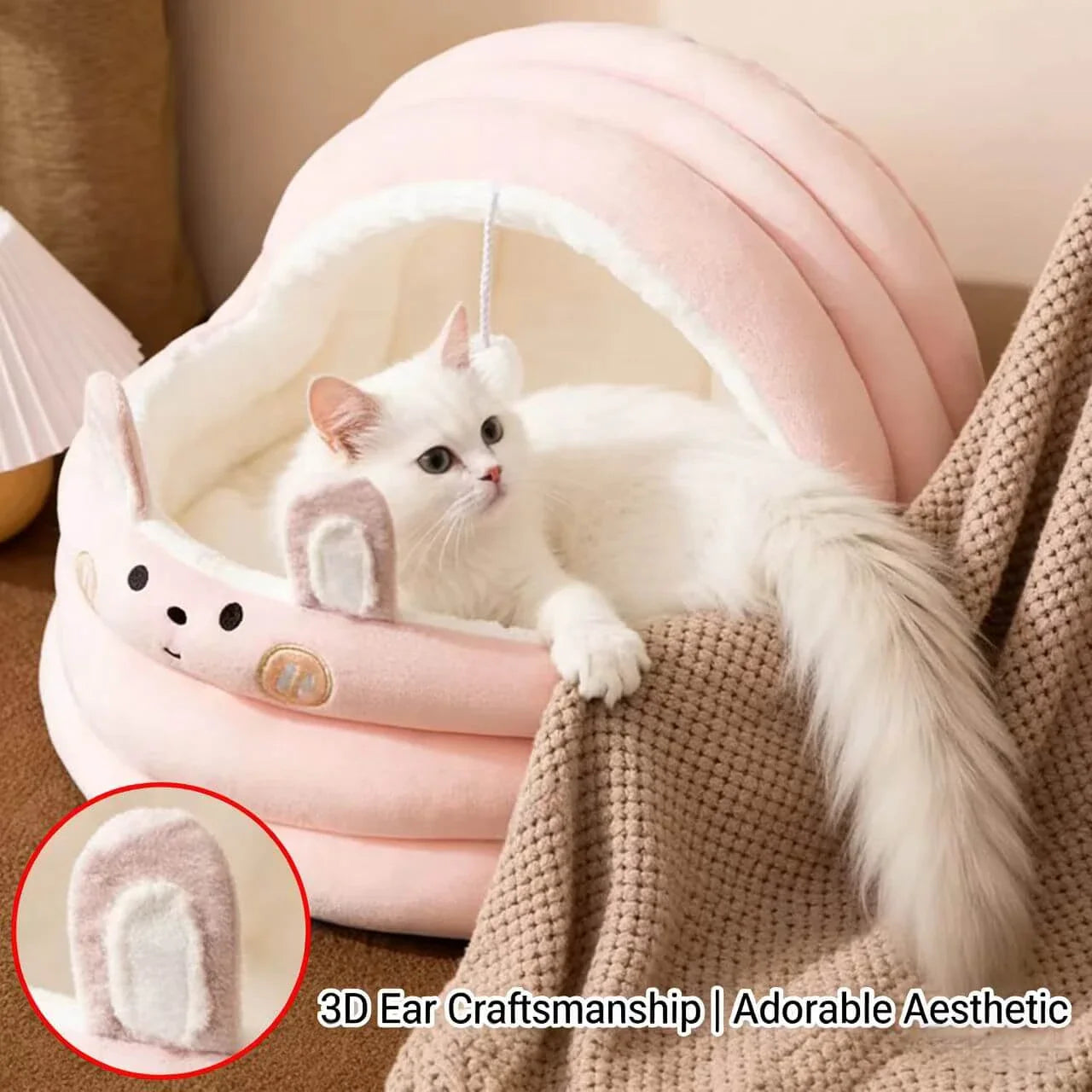 Comfy Seal-Shaped Cat Bed: Gray-White Plush, Built-in Toy Ball for Cats