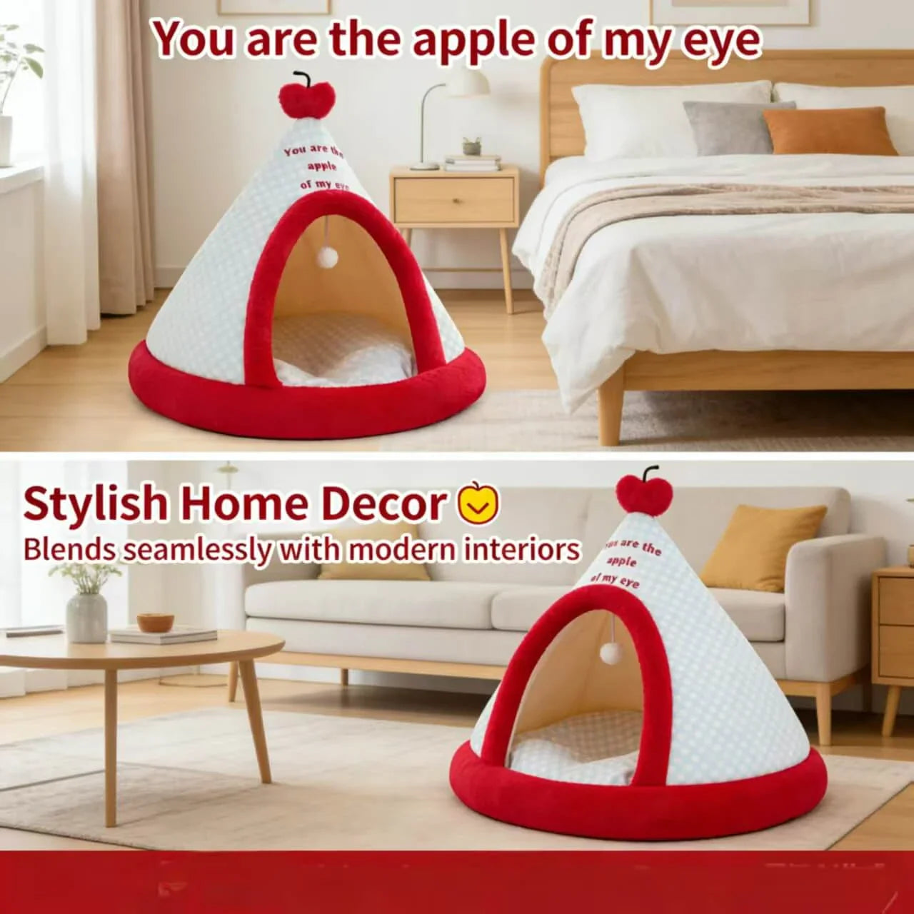 Apple-Themed Plush Pet Tent Bed, White/Red, Quote Design, Toy Ball, Cat Bed