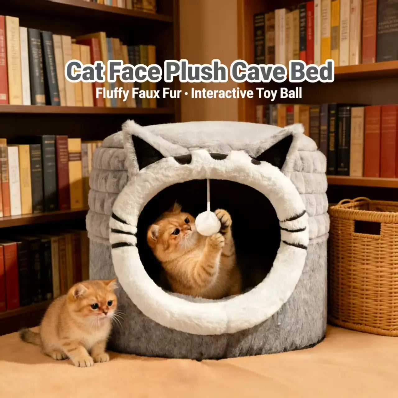 Plush Cat Cave Bed, Gray, Cat Face, Toy Ball, Non-Slip, Machine-Washable Cat Rest Spot