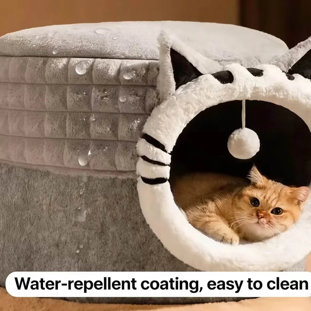 Plush Cat Cave Bed, Gray, Cat Face, Toy Ball, Non-Slip, Machine-Washable Cat Rest Spot