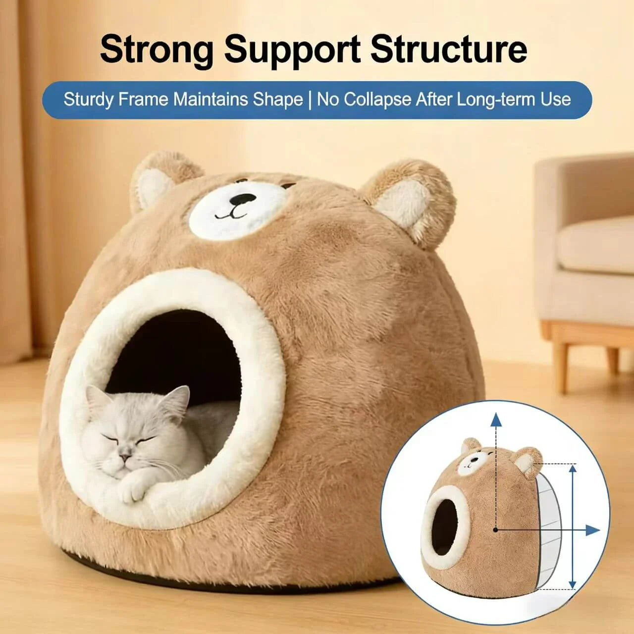 Cozy Bear-Shaped Cat Bed: Beige Plush Fabric, Enclosed Privacy Shelter for Cats/