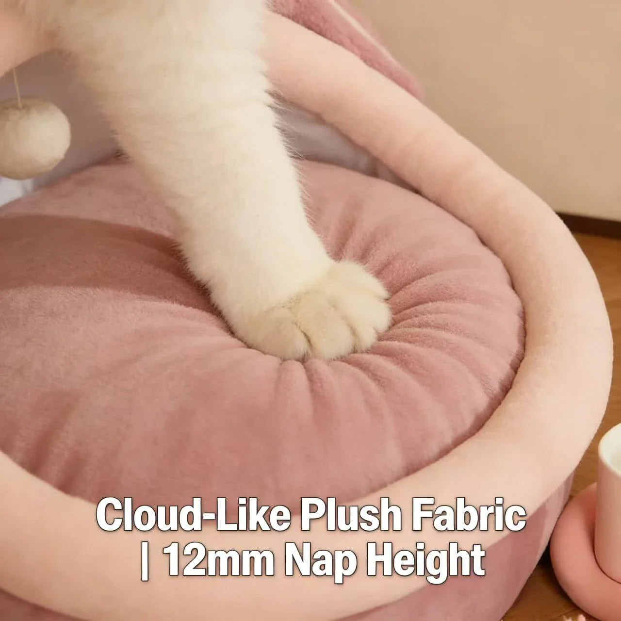Interactive Comfort Pet Nest: Pink Plush, Rabbit-Ear Design, Built-in Ball Toy for Cats