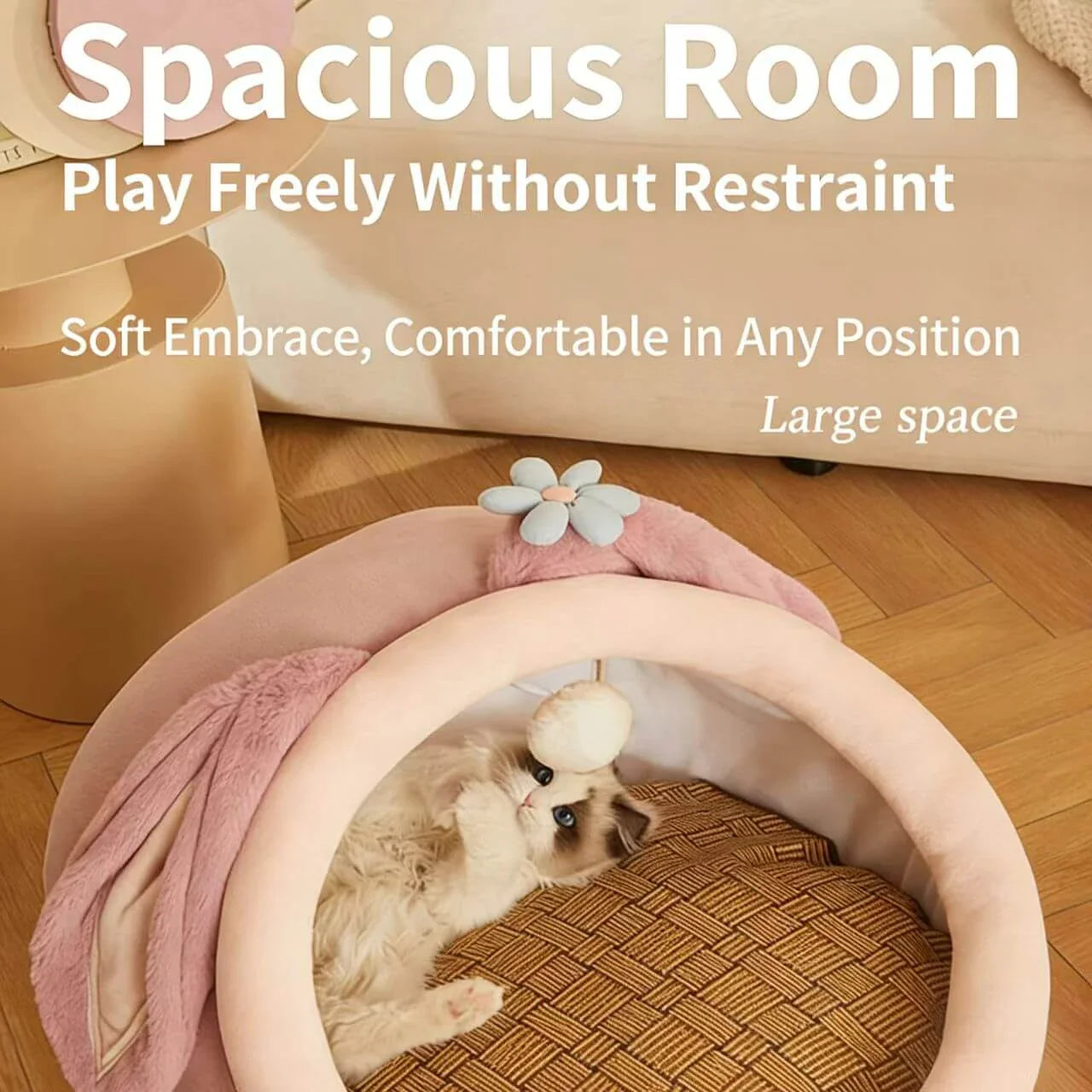Interactive Comfort Pet Nest: Pink Plush, Rabbit-Ear Design, Built-in Ball Toy for Cats